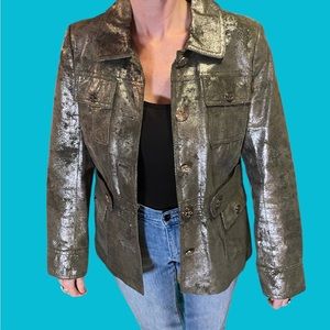 Tory Burch Genuine Leather Button Up Metallic Gunmetal Collared Jacket Size 6